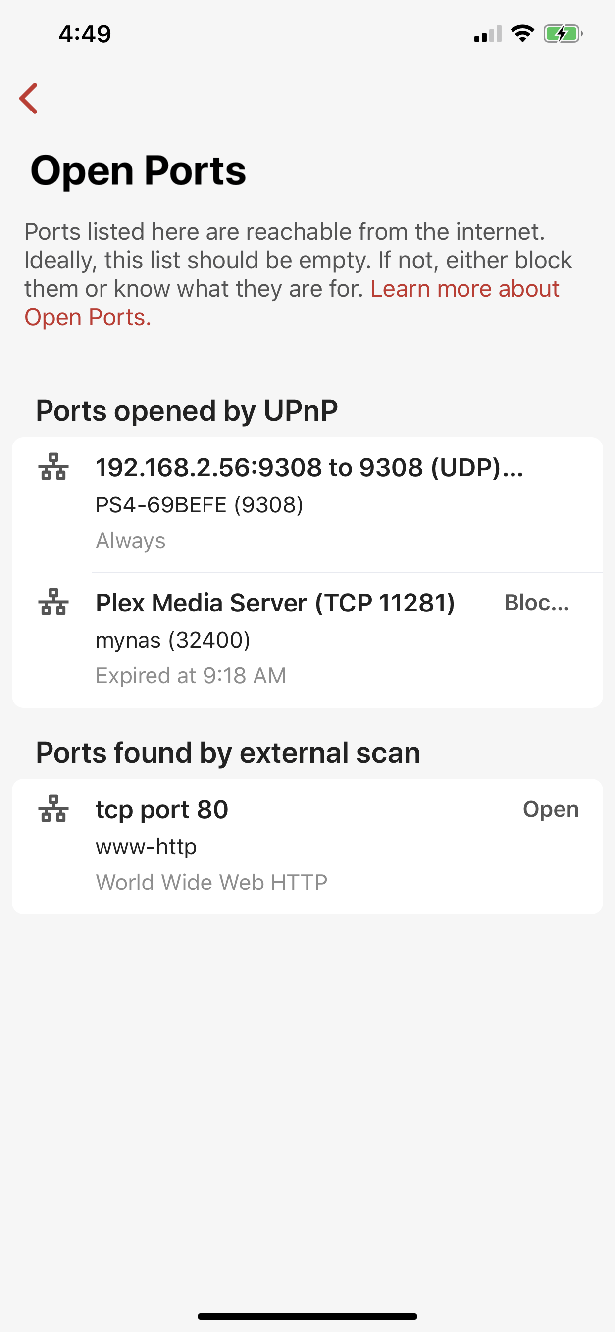 The Firewalla App example highlighting opened and blocked ports 
