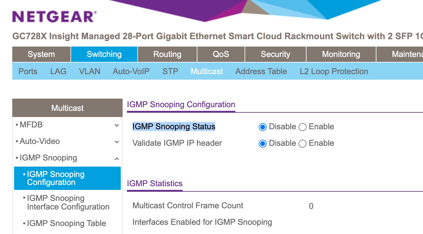 IGMP Snooping Status Toggled 'Disable'
