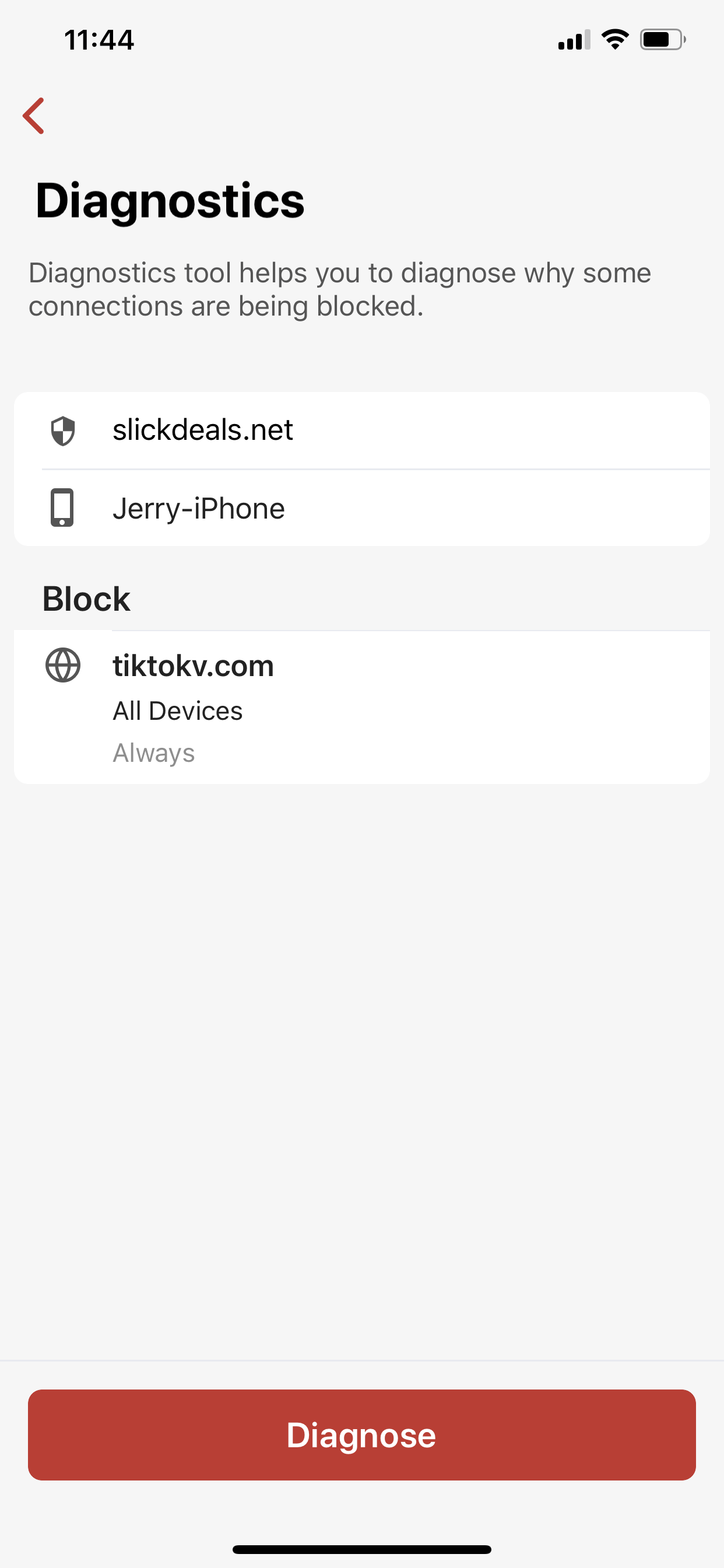 Using the Diagnose Tool in the Firewalla app help explain why some connections are blocked