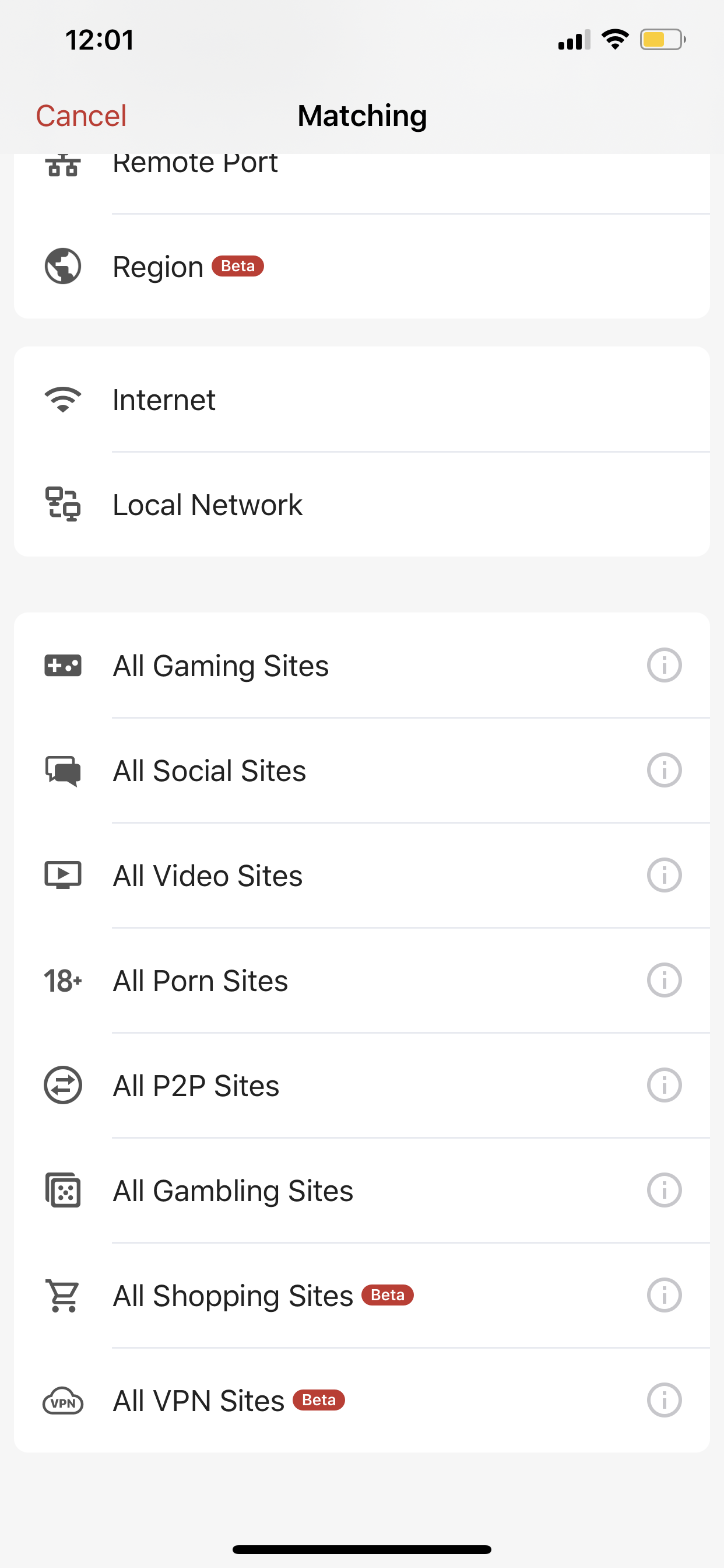 Firewall App Matching options to block activity by category