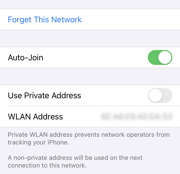 Disable dynamic MAC address by toggling 'OFF' use private address in IOS