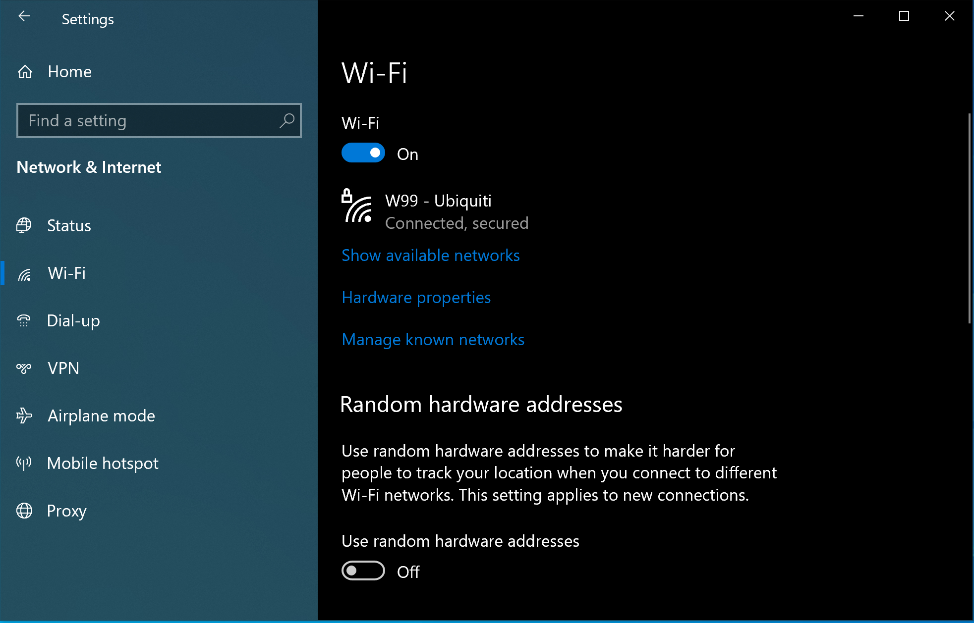 Disable dynamic MAC address by toggling 'OFF' random hardware addresses in Windows