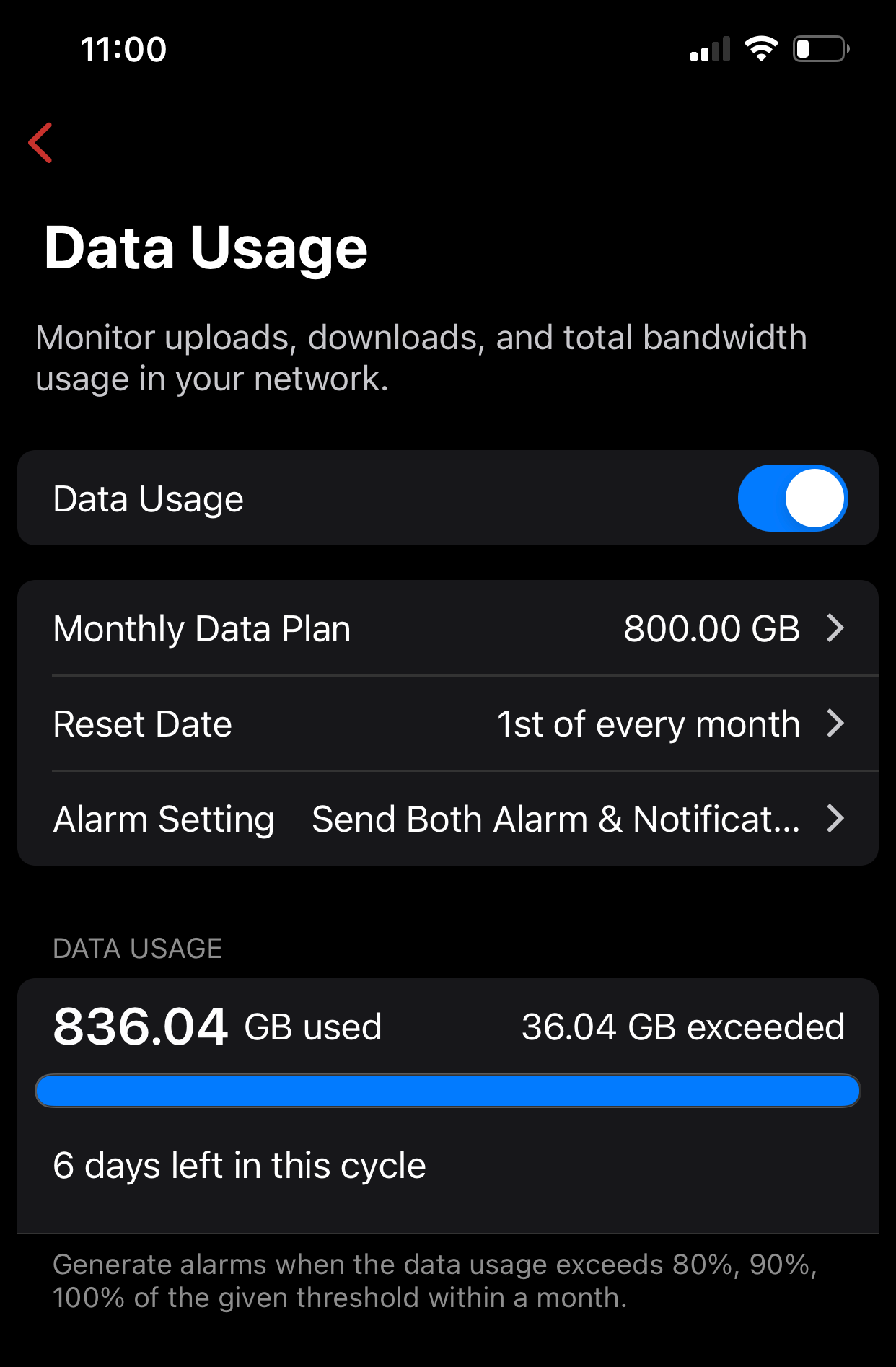 Example Internet Usage with deep insights into plan, reset data, and alarm settings