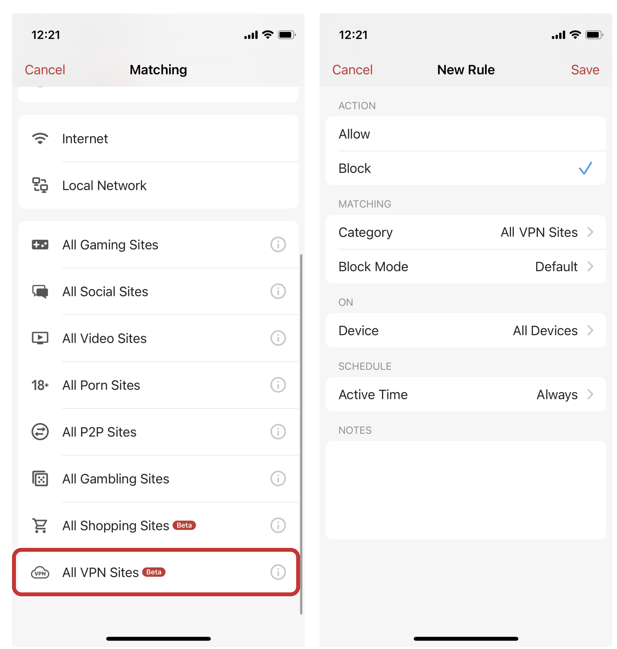 Firewalla in-app new blocking rule setup to block 'All VPN Sites.'