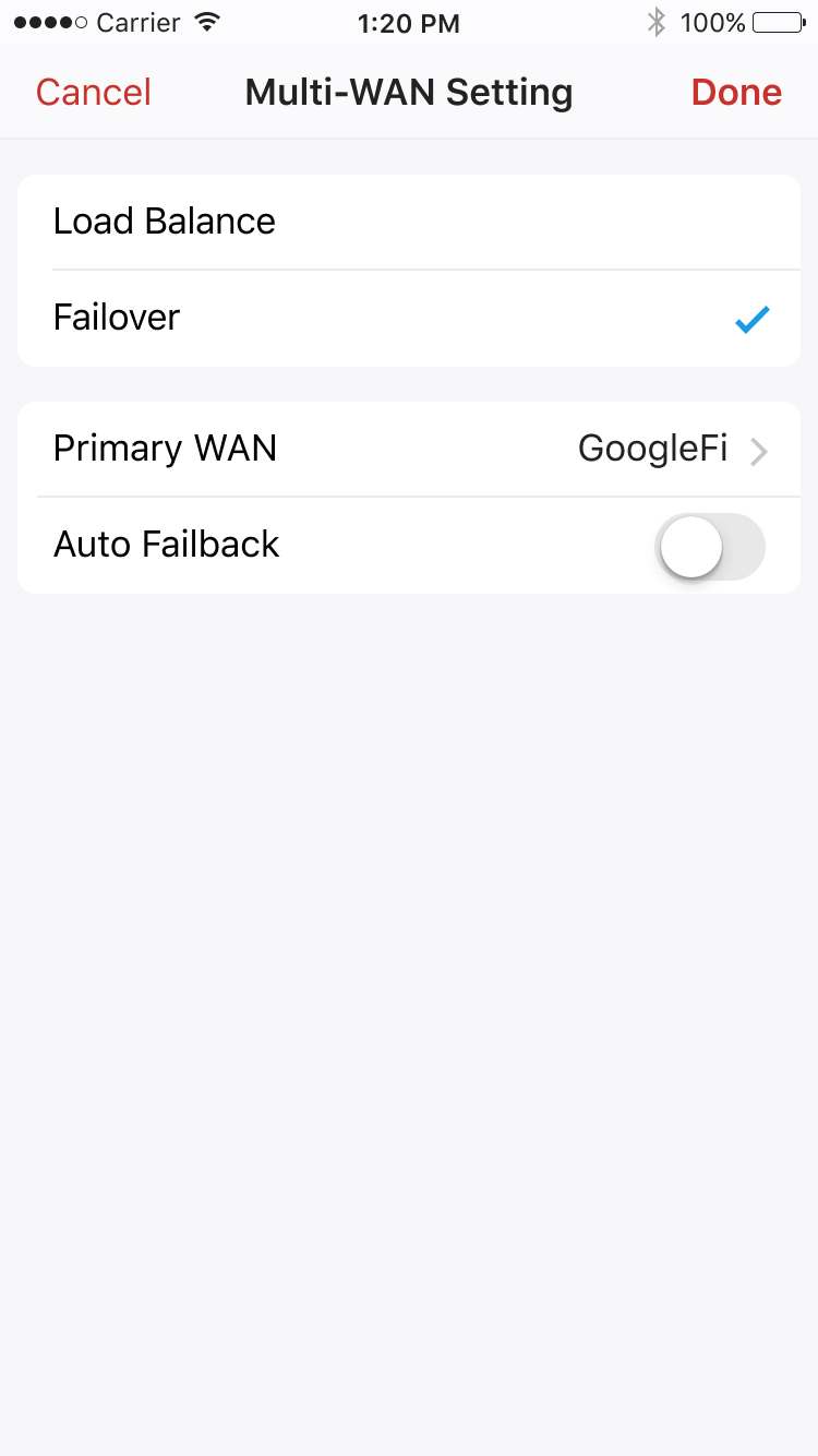 Multiple WAN settings with default Failover mode selected