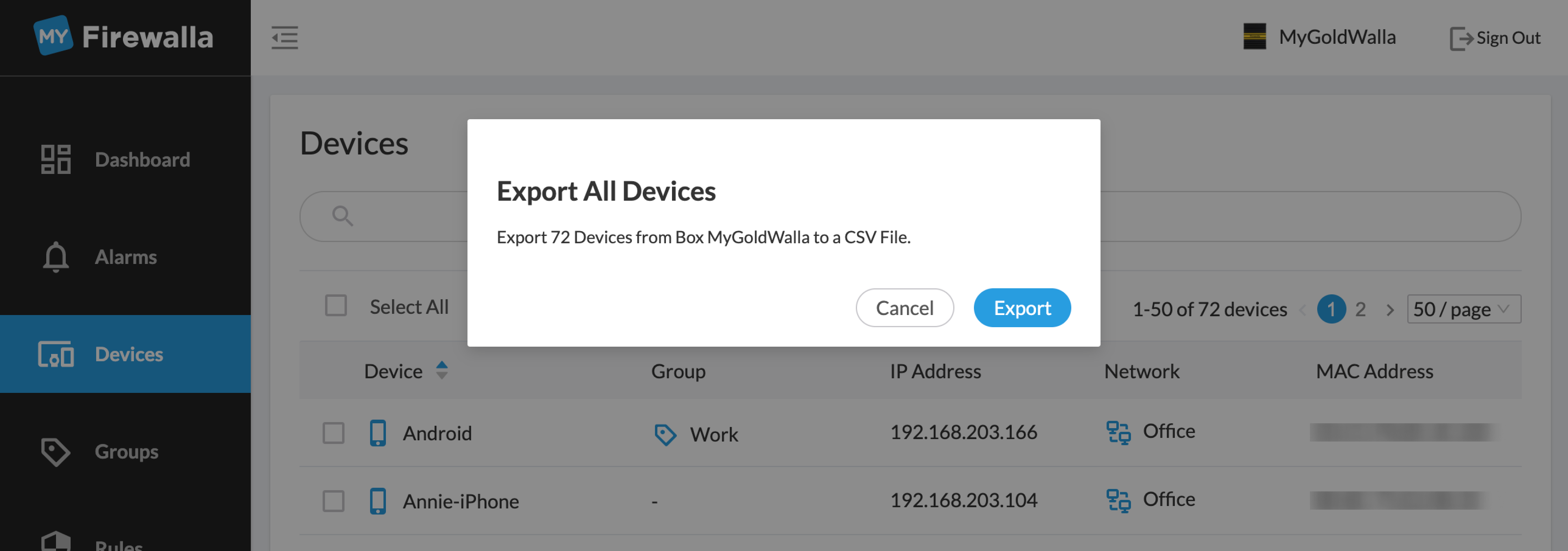 Firewalla Web Interface Export to .csv Prompt