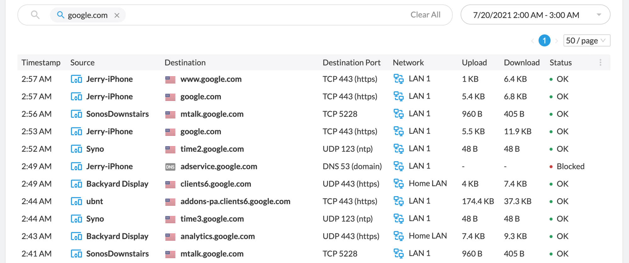 Firewalla Web Interface Flows List