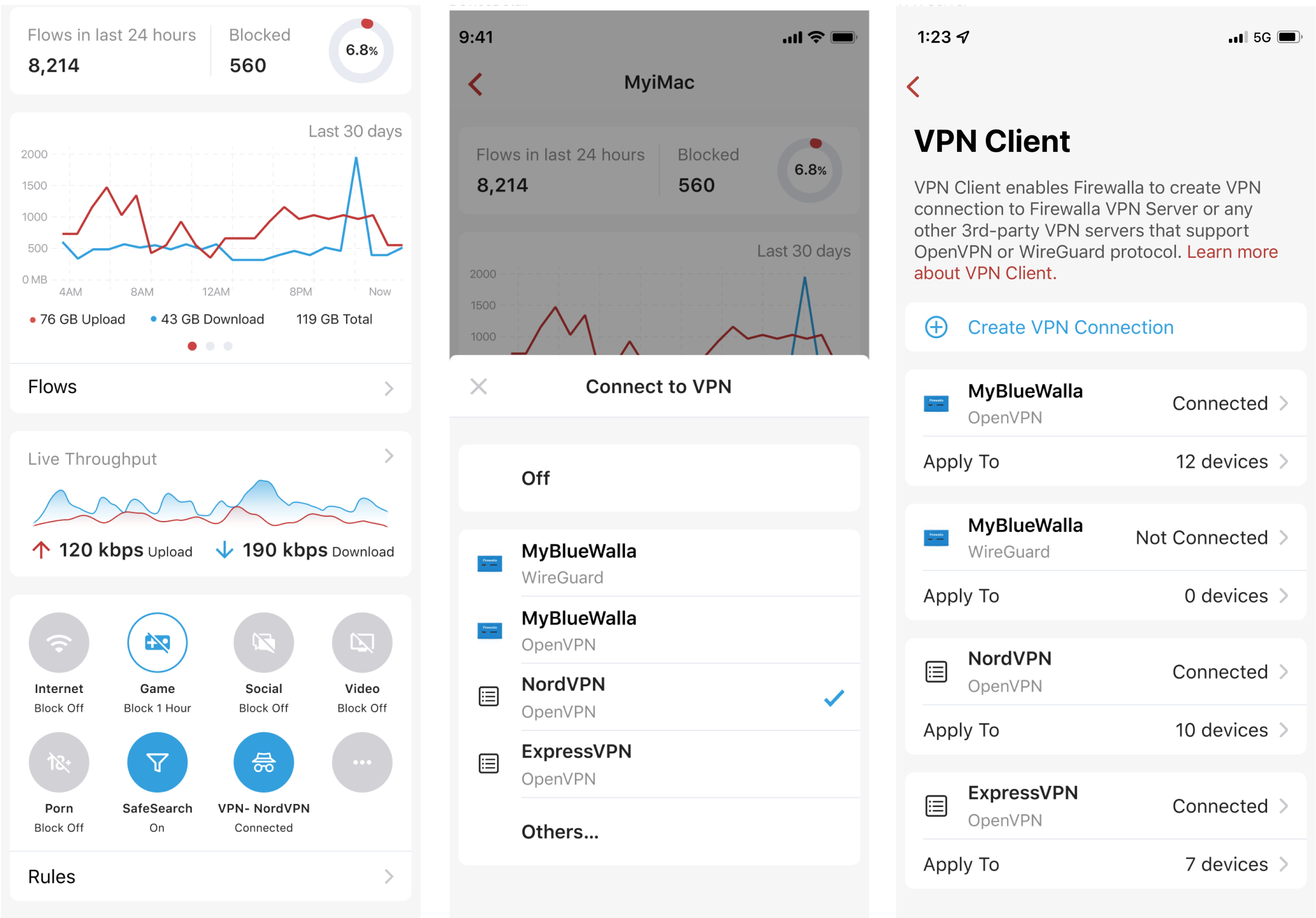 From the VPN client page, tap the connection you want to establish and switch the VPN on