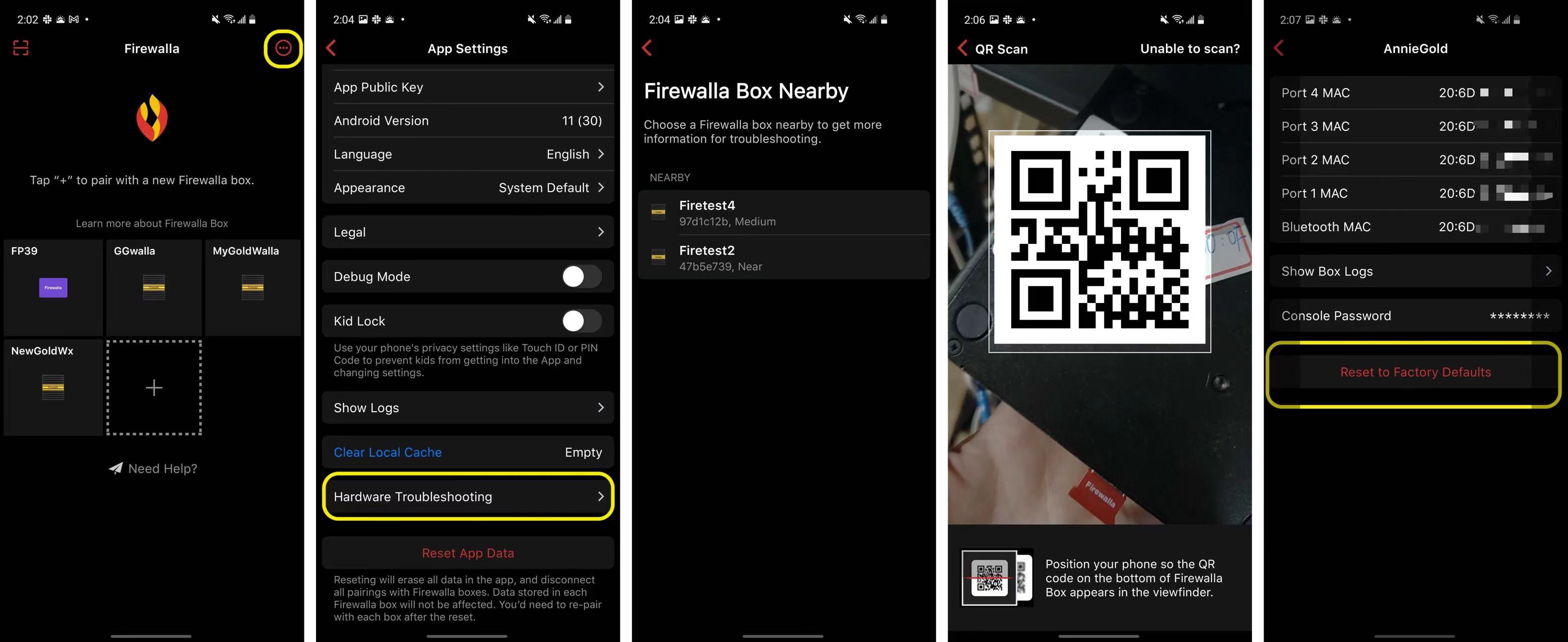 Reset Firewalla Gold and Gold Plus Series Boxes within the Firewalla app settings under Hardware Troubleshooting