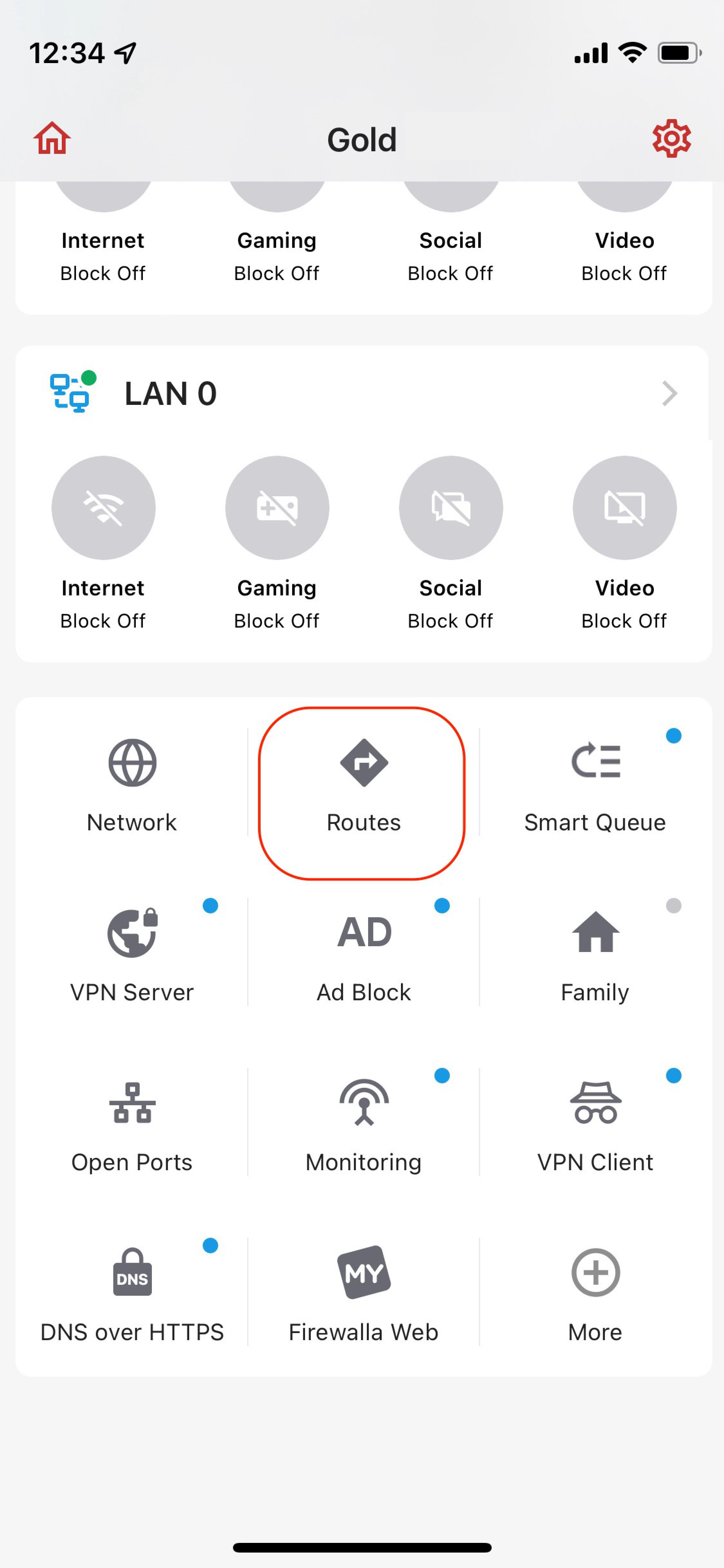 Firewalla main page highlight Routes