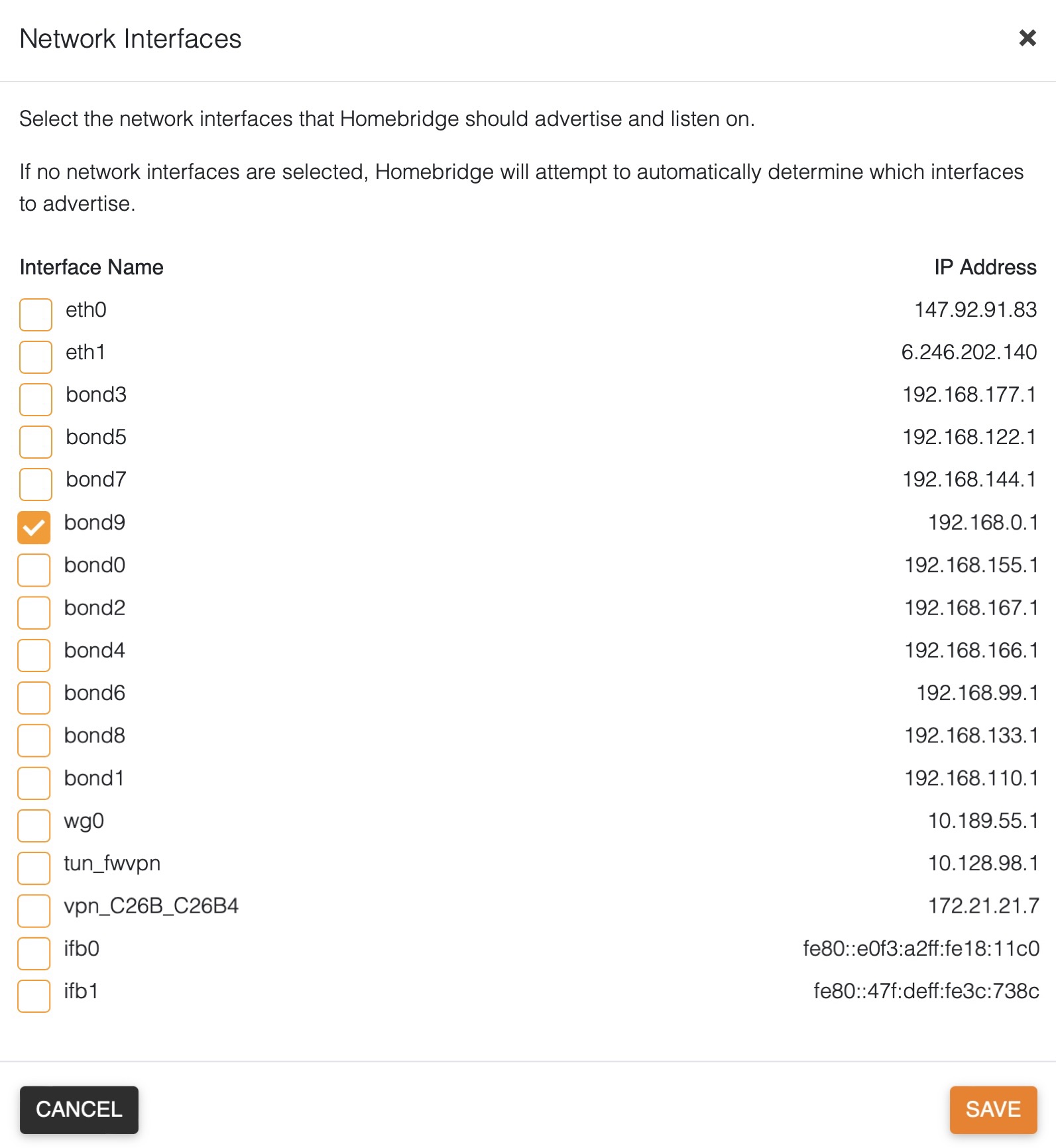 Homebridge selectable Network Interfaces