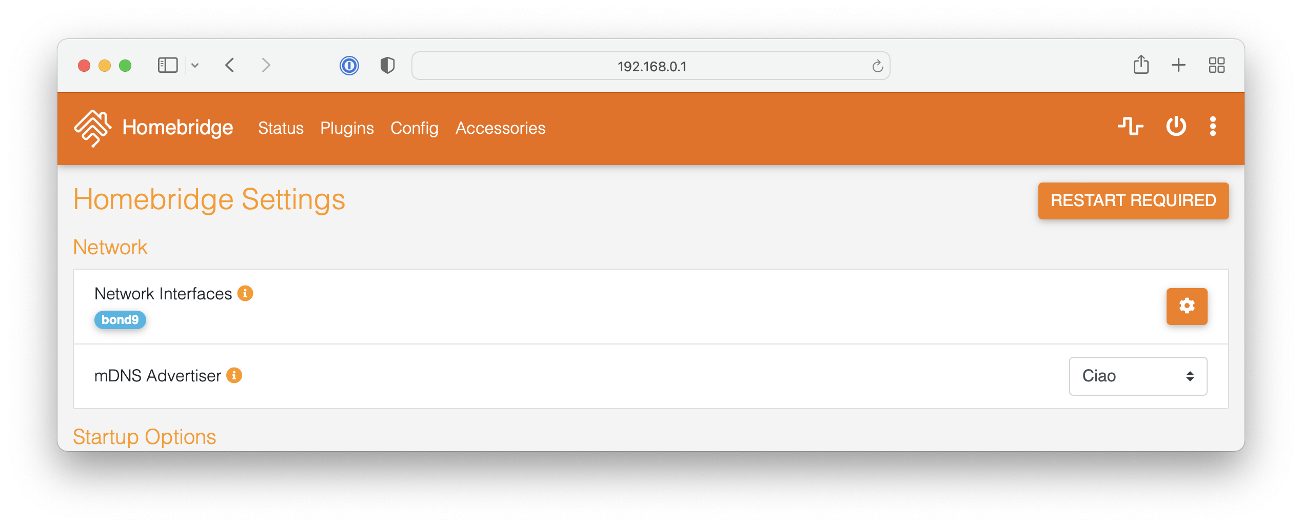 Homebridge Settings Menu with Network sub-settings