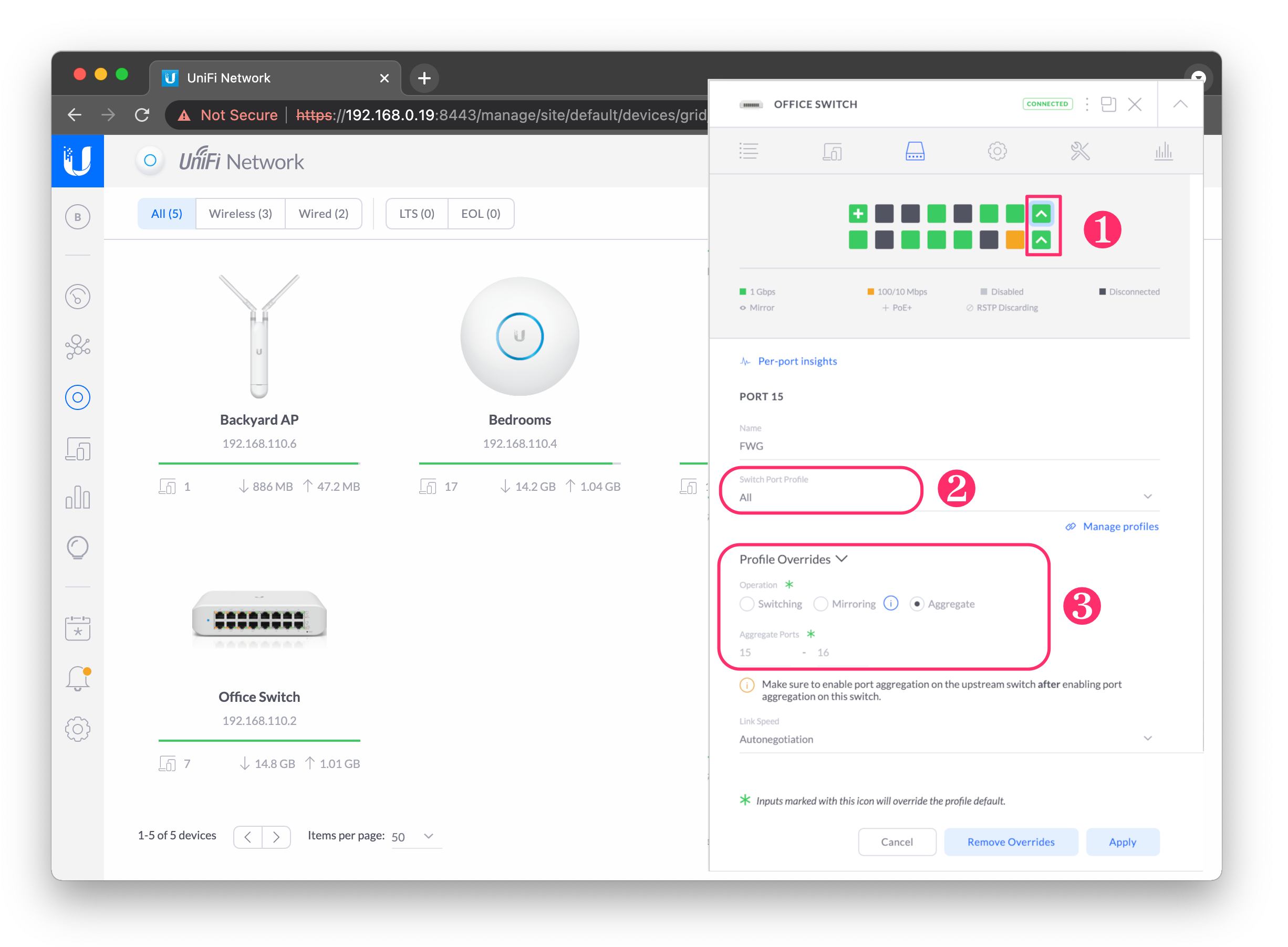 Link aggregation group creation example on UniFi Switch