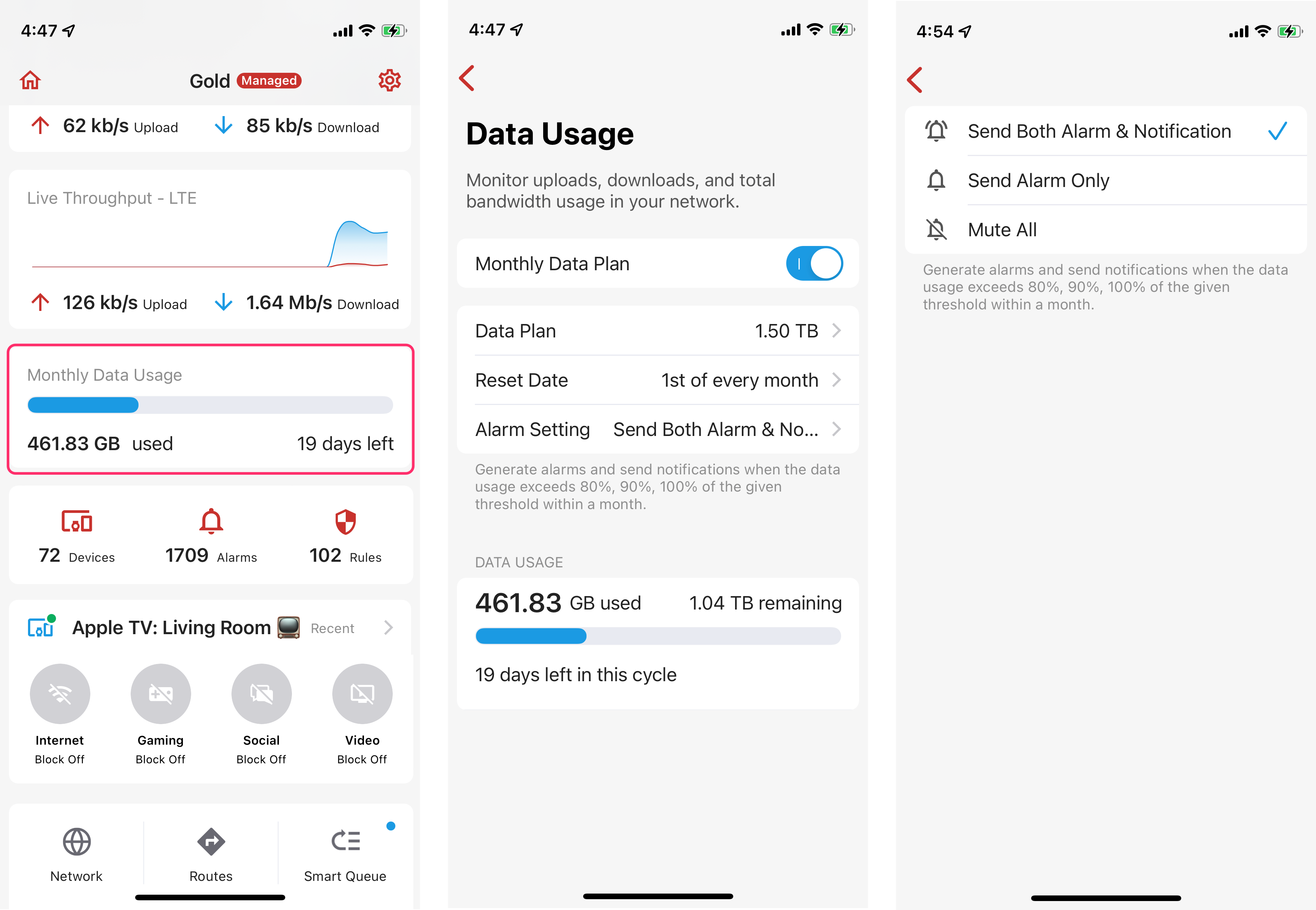 Deep insights include automatic data cap monitoring with alarms to notify you nearing your data cap