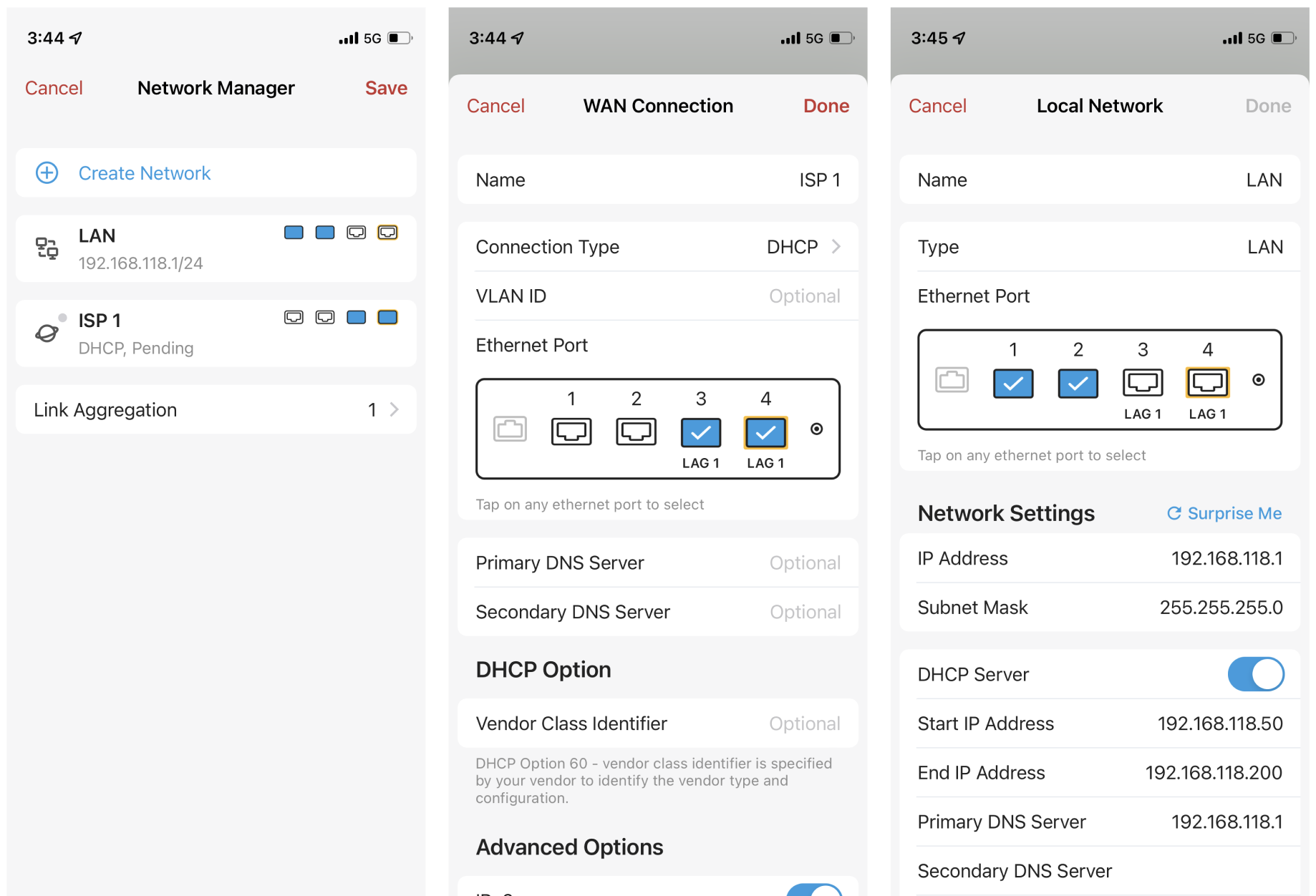 WAN connection applied to ethernet ports used for link aggregation group