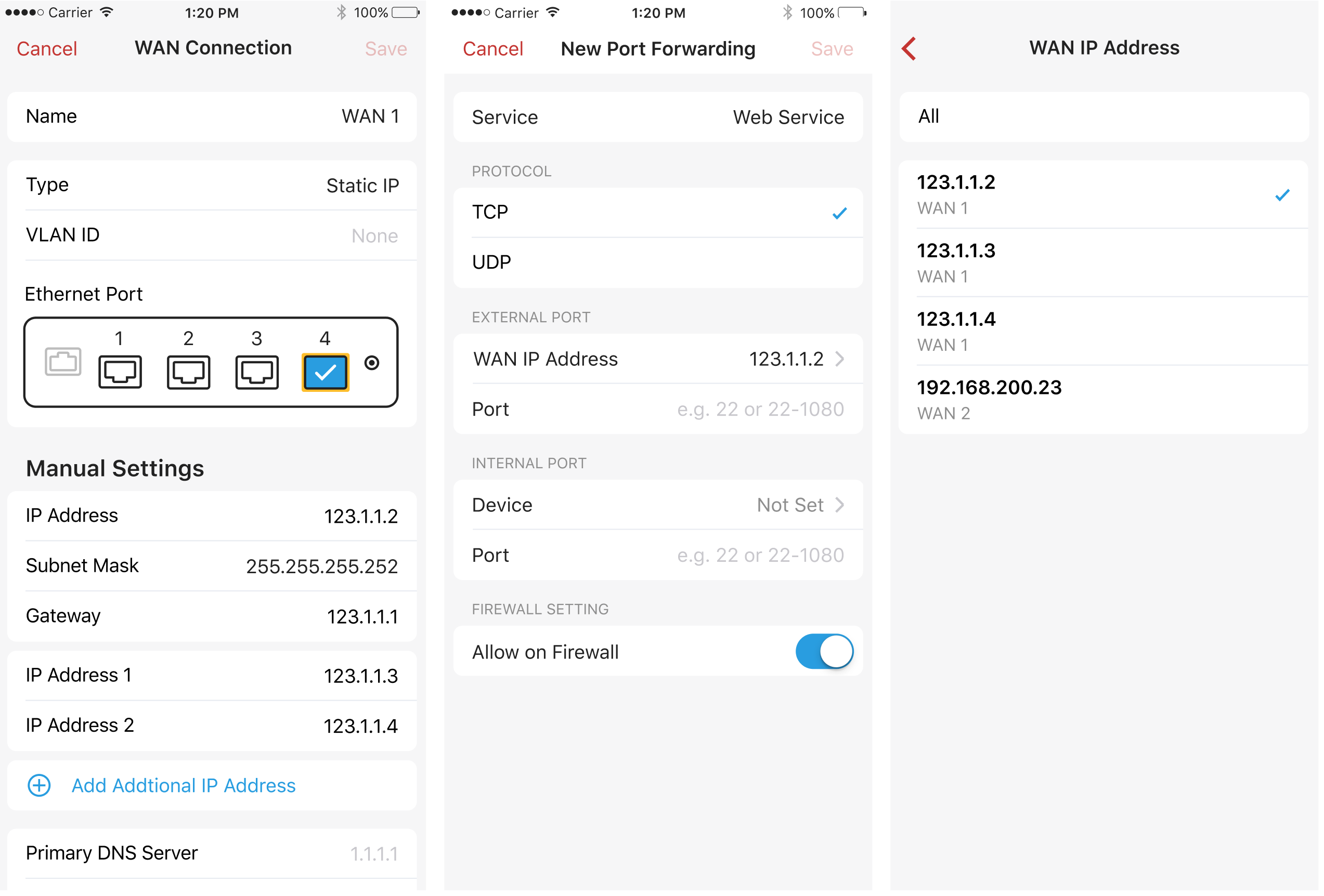 Multiple IP addresses on WAN with up to five additional IPs on one WAN interface