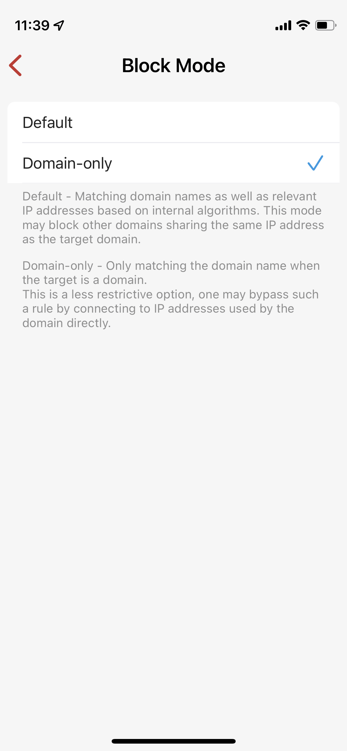Block Mode set to Domain-only, chosing bad connections to block by domain