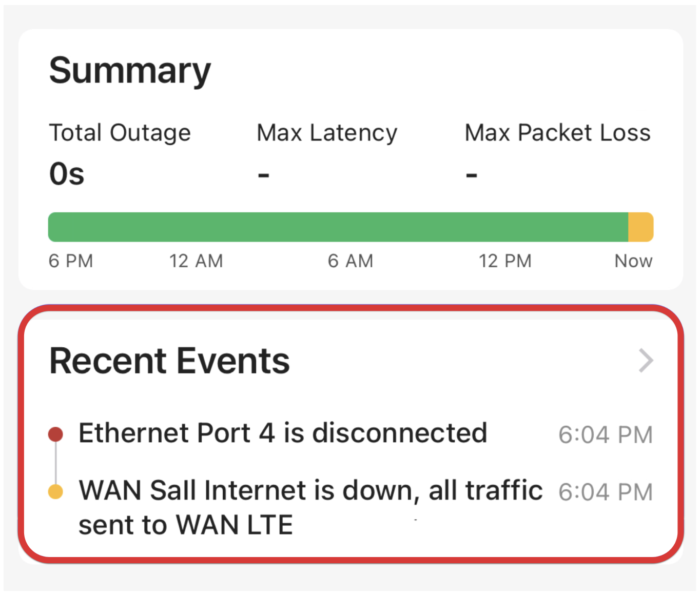Recent Events recorded 'Ethernet Port 4 is disconnected' and 'WAN Sall Internet is down, all traffic sent to WAN LTE' with timestamps