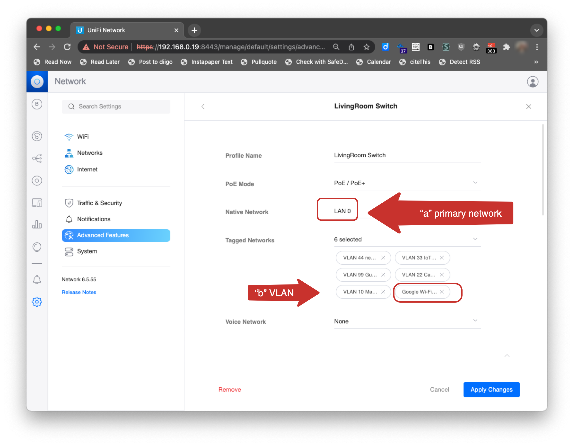 Set the main network as the native network and add new VLAN networks to the tagged network
