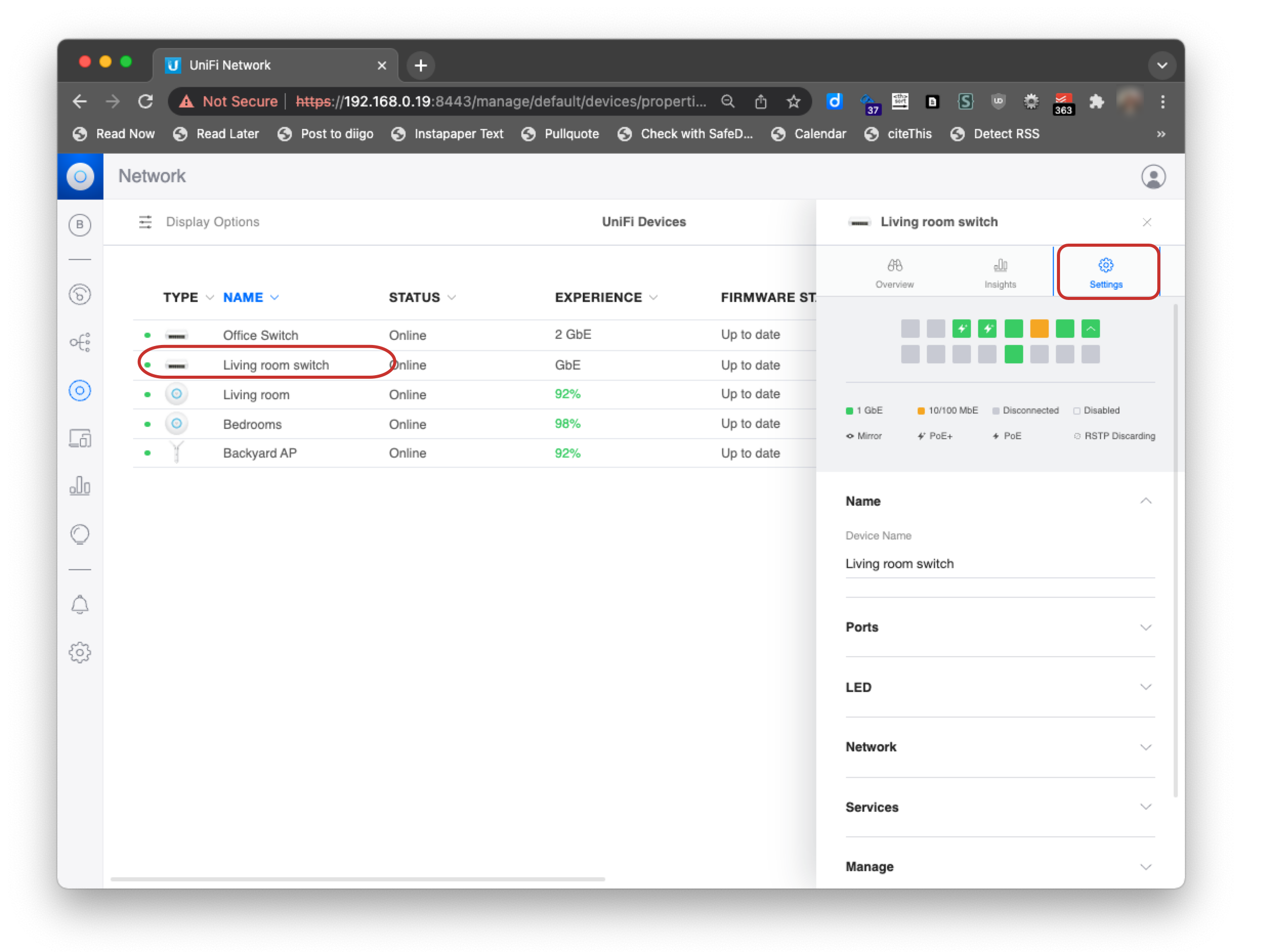 Configure UniFi Network switches and access points settings by selecting the switch/AP and settings