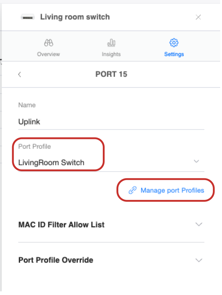 Change or manage port profiles within the port settings