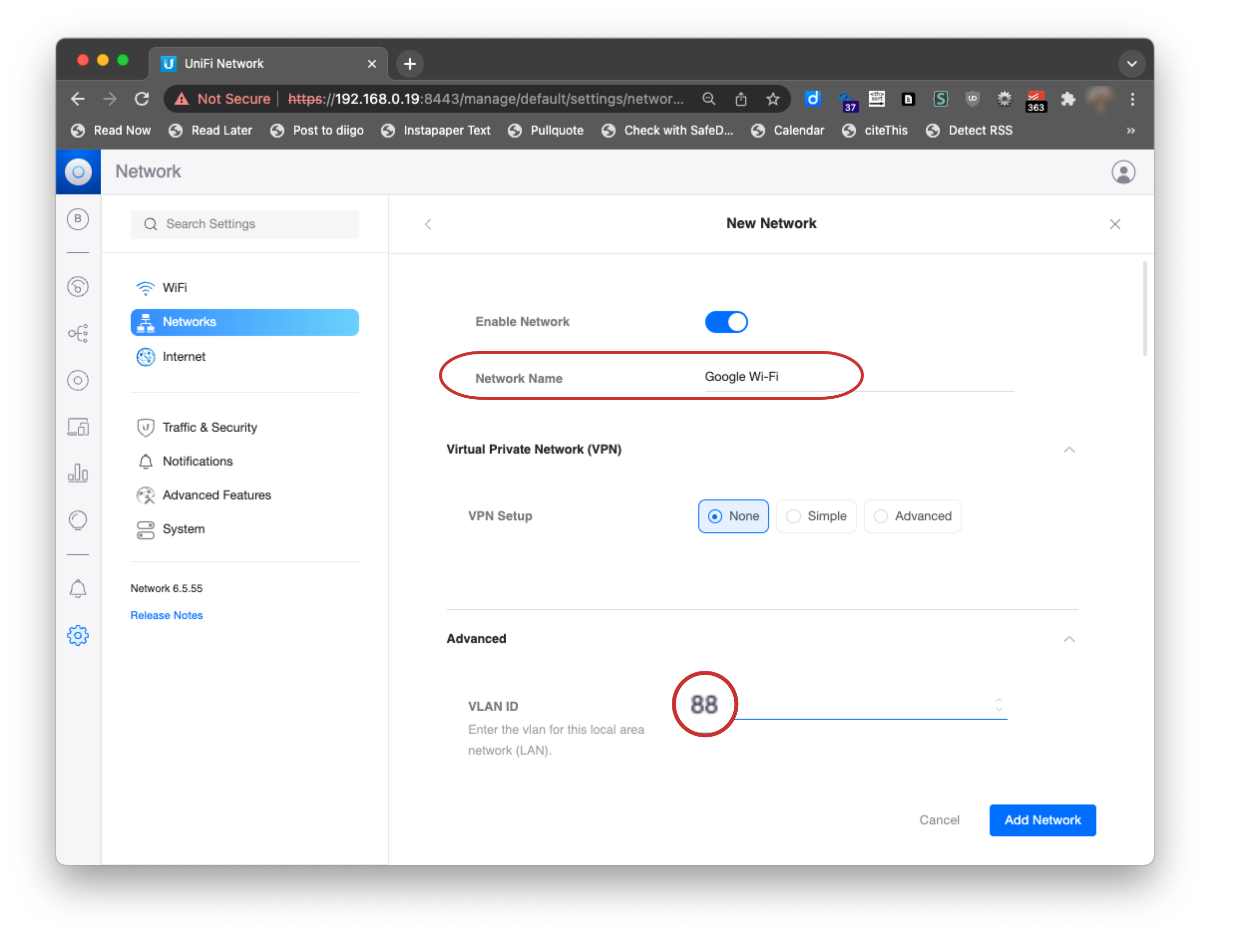 Add new network configurations, change the network name, and enter the VLAN ID