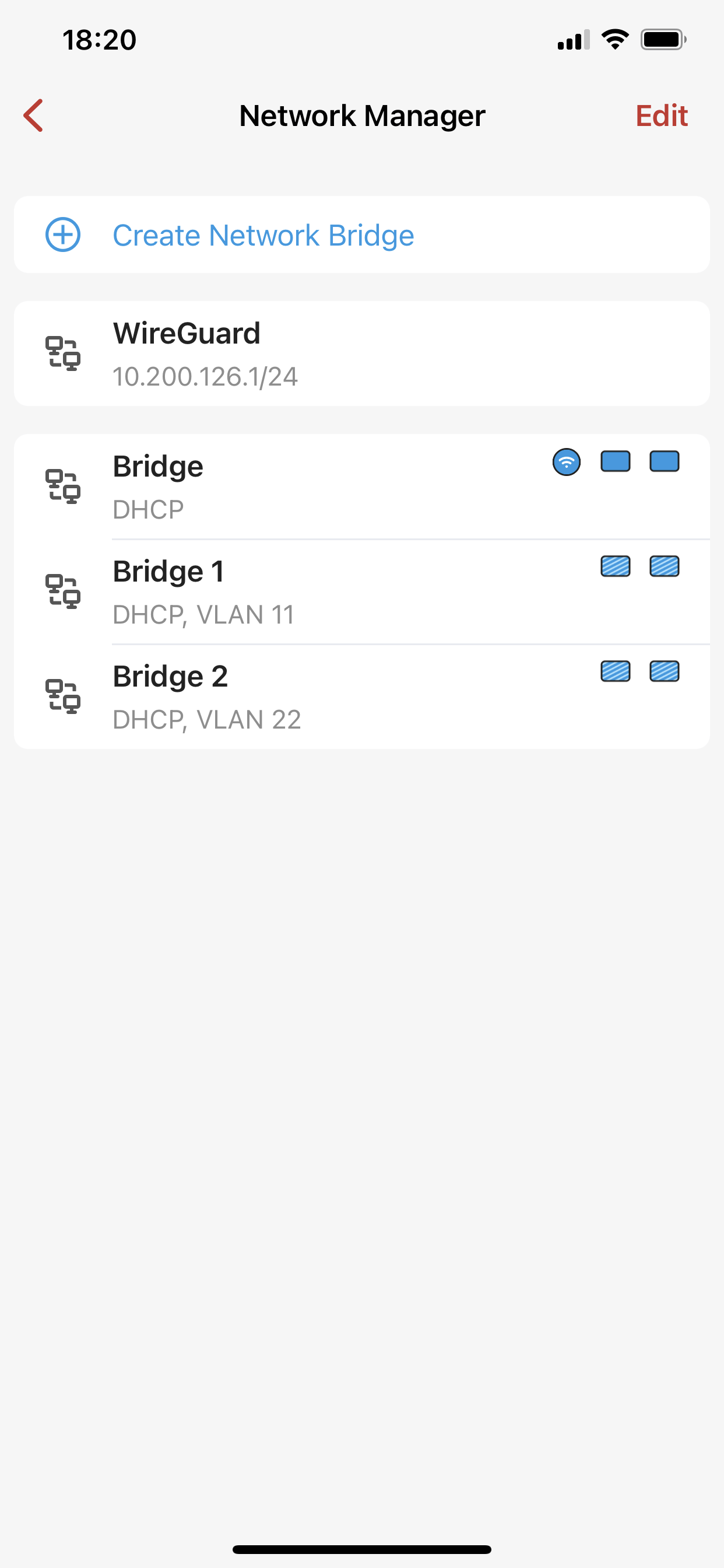 Firewalla network manager will display all configured bridges
