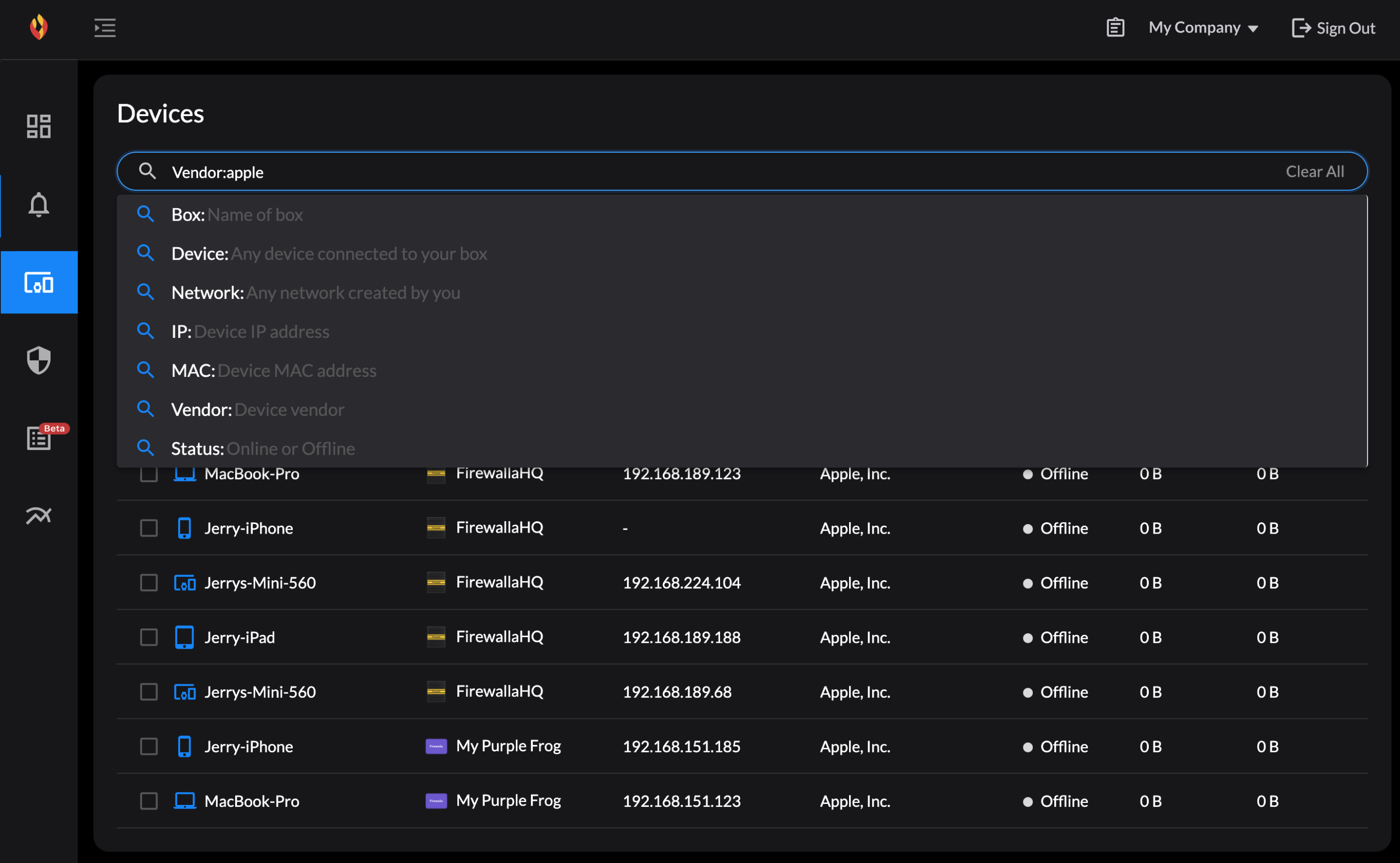 Firewalla MSP Portal Device List with search function