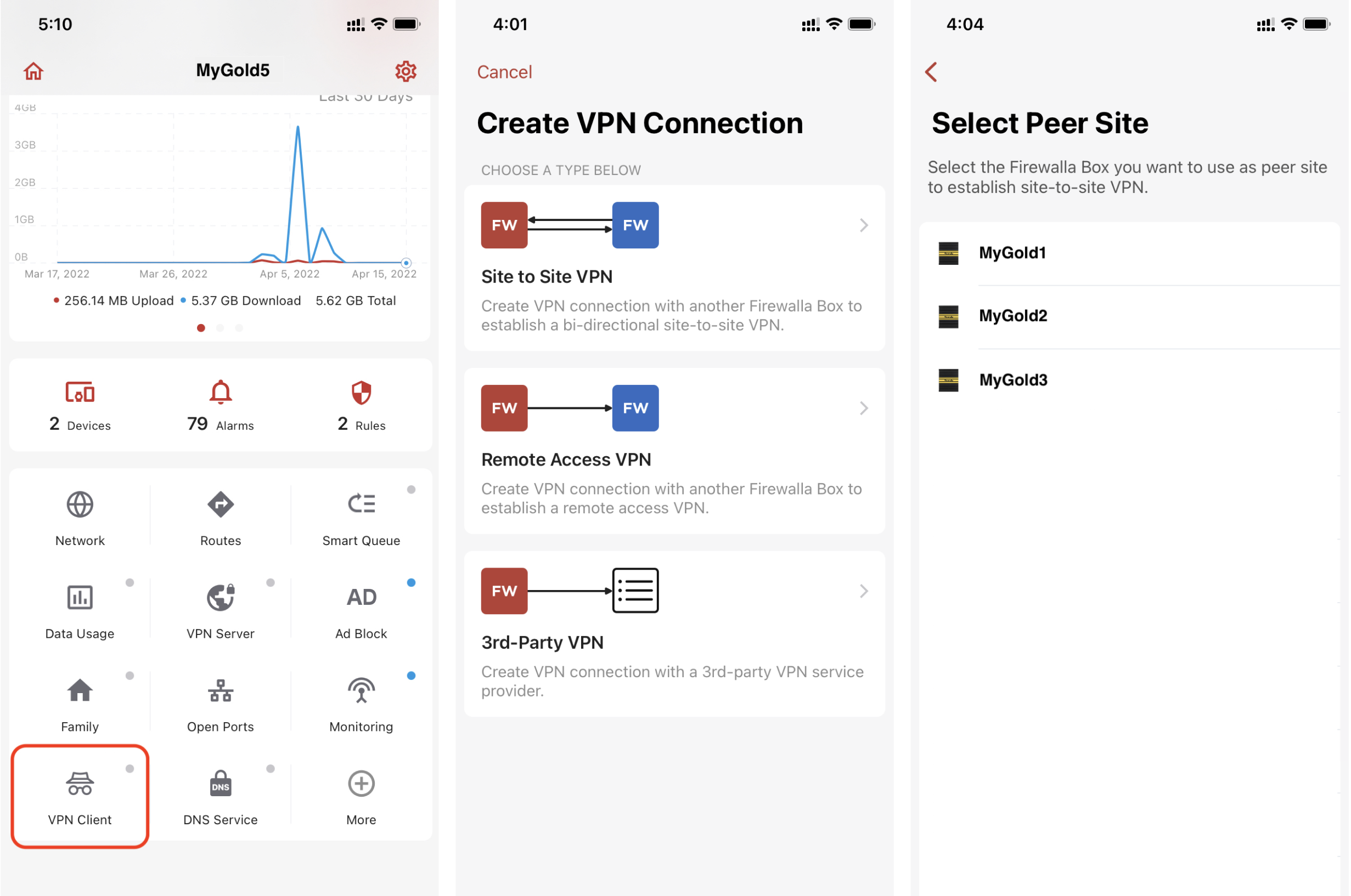 Site to Site Firewalla in-app demo – Create a VPN connection using the VPN client feature on the peer site.