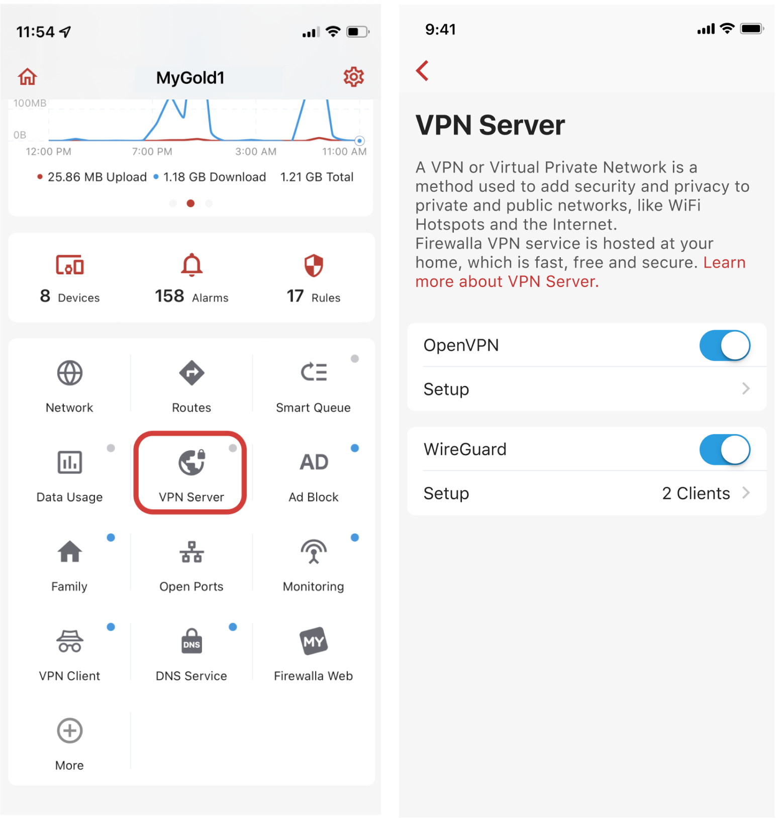 Site to Site Firewalla in-app demo – Turn on OpenVPN or WireGuard server