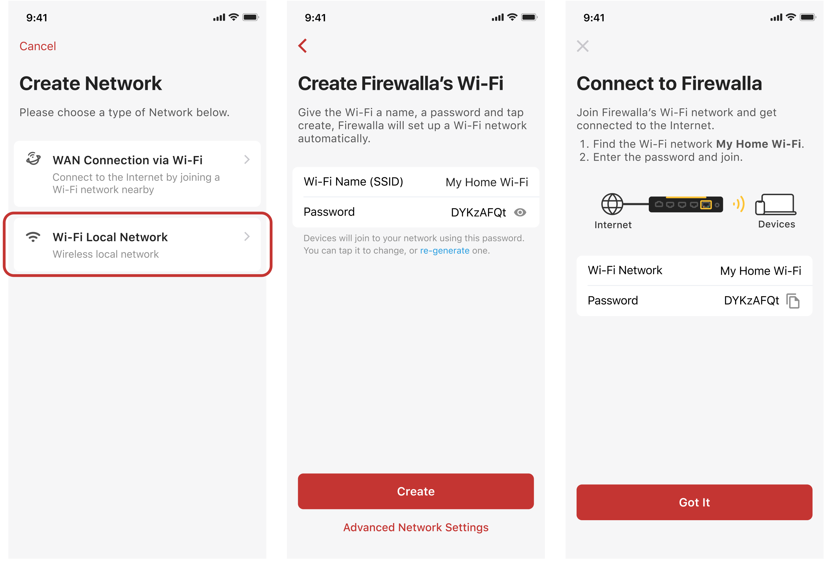 Steps showing how to create a Wi-Fi local network within the Firewalla app