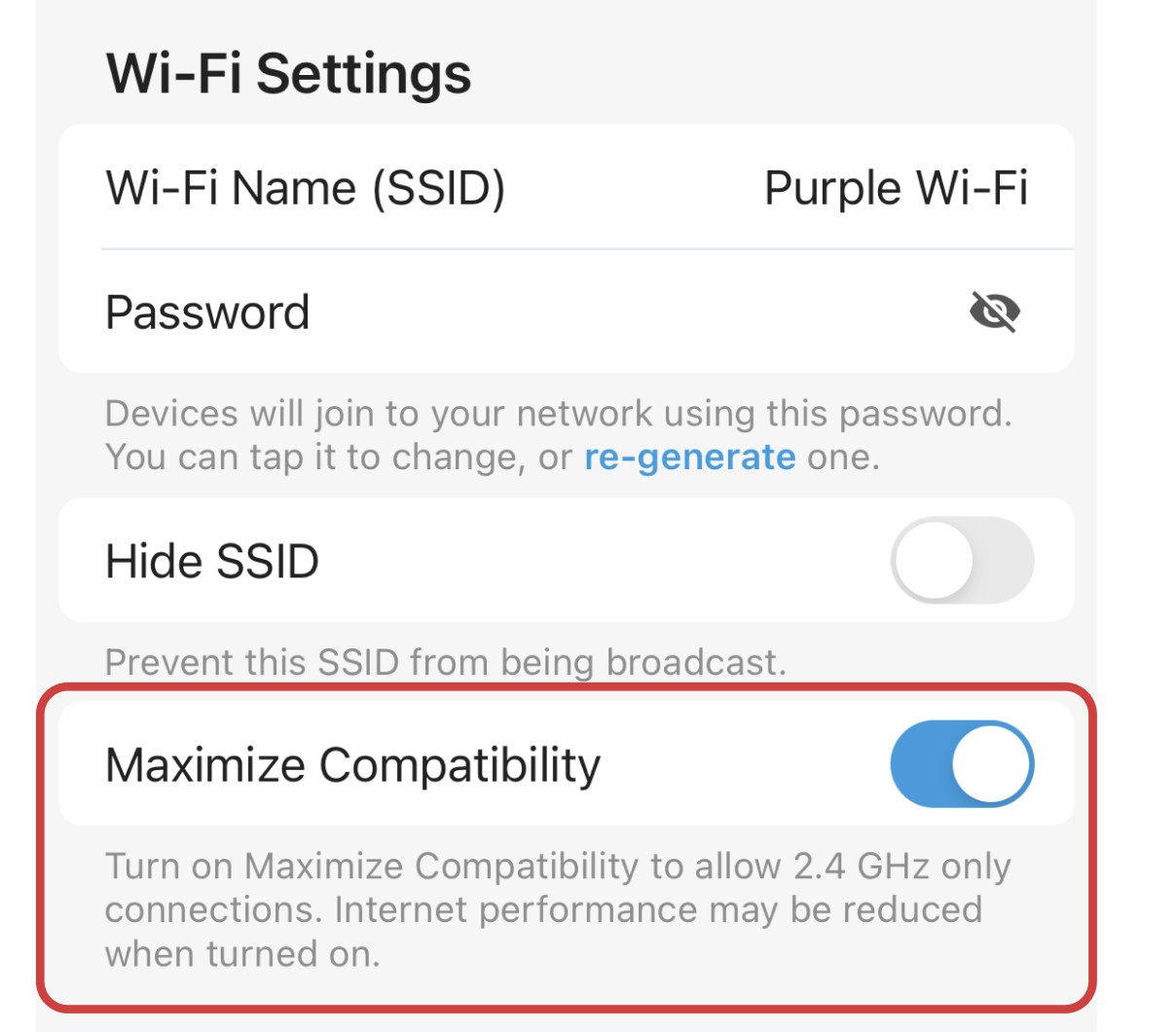 Wi-Fi advanced network settings that allow you select maximize compatibility