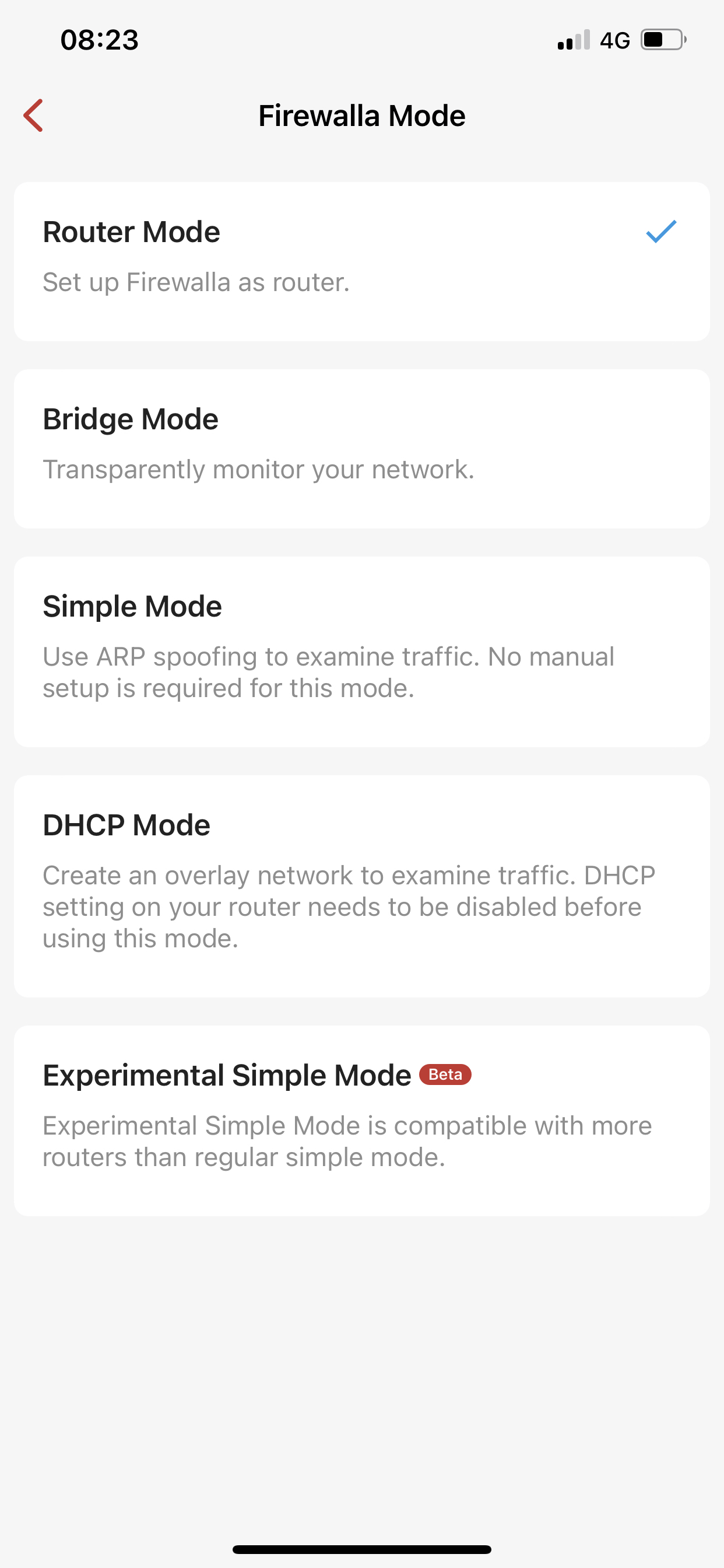 Simple Firewalla mode selections includes Router, Bridge, Simple Mode, and more