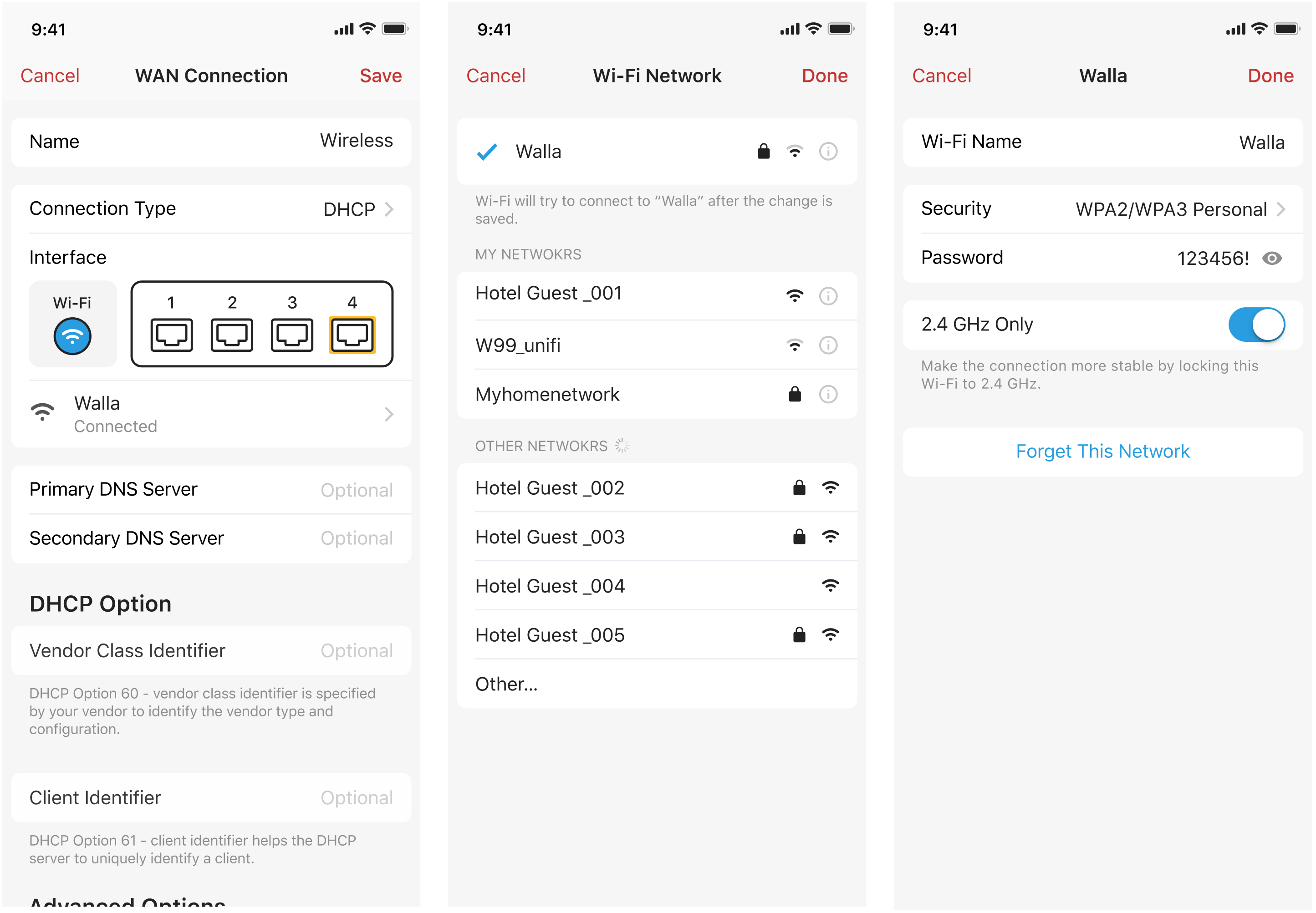 Steps showing how to set up WAN connection with DHCP option